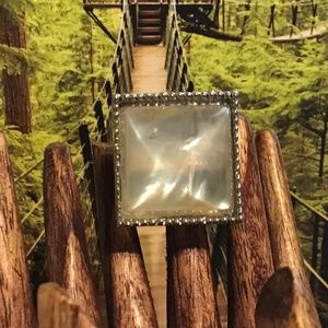 Statement Ring in Silver tone metal with accent on square and white  stone